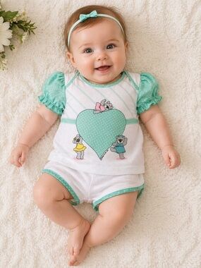 PARK BENCH KIDS Baby Outfit Set Bears Heart Vintage Cute Retro Top Shorts 0-6M